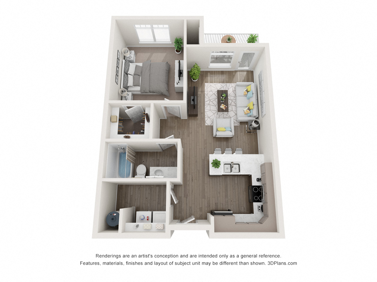 Floor plan for 1 bed, 1 bath, 721 sqft